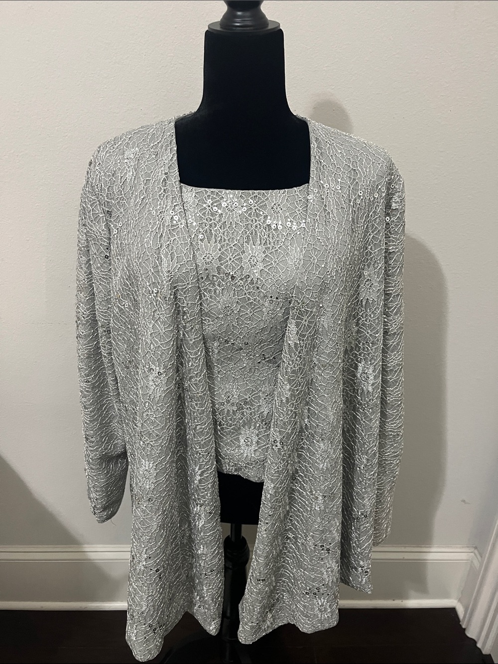 Silver Sequin Lace Open-Front Cardigan and Shell Set comes with matching pants